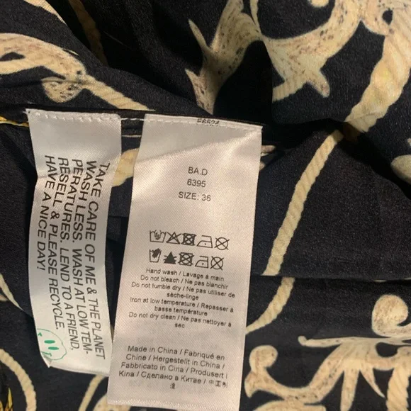 NWT Ganni Black Panel Ruffle Slip Dress, 36, green trim gold chain print - Picture 12 of 12